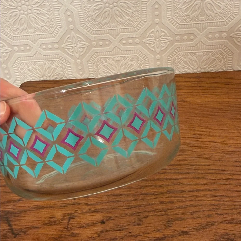 Pyrex Diamond Geometric Glass Bowl with Teal and Purple Design